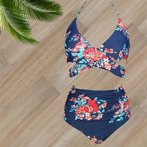 NWOT/ NAVY ROSE PRINT TWO PIECE SWIMSUIT